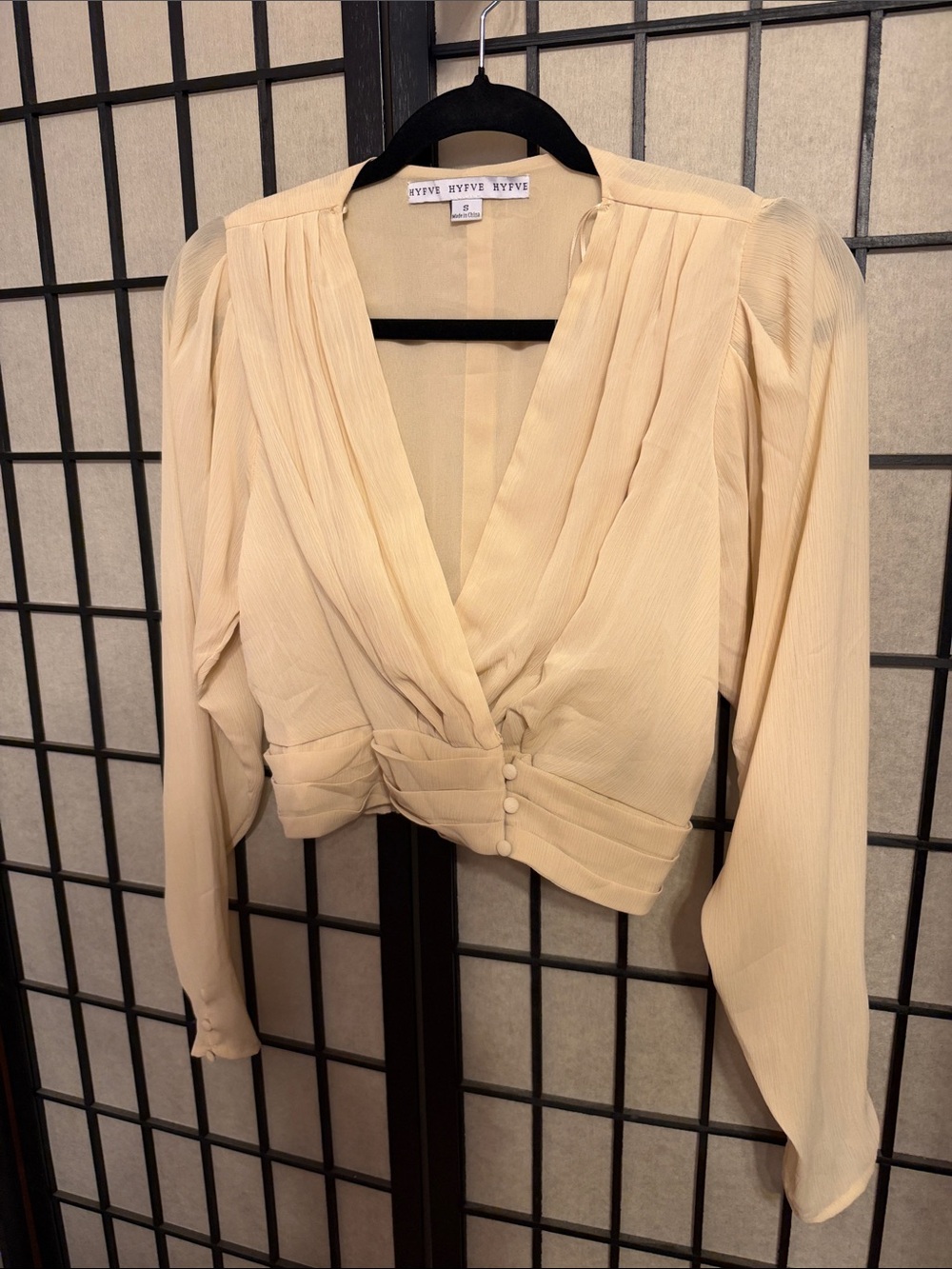 HYFVE Cream Pleated Draped V-Neck Button-Waist Blouse